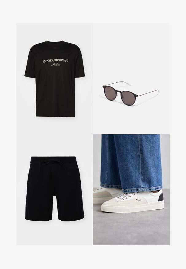 Sort bomulds T-shirt med rund halsudskæring, korte ærmer og "EMPORIO ARMANI" logo i hvid over "Milano" i et buet design.; Sorte børneshorts lavet af blødt stof, med en elastisk talje og en sløjfe samt ribbet kant. Enkel design uden mønstre.; Hvide og sorte sneakers med en glat læderoverdel, teksturerede detaljer og en kraftig hvid sål. Har et klassisk snørebåndsdesign.; Sorte runde solbriller med mørke linser og slanke metalarme. Inkluderer klare tempeltips og sølvdetaljer ved hængslet. Minimalistisk design.