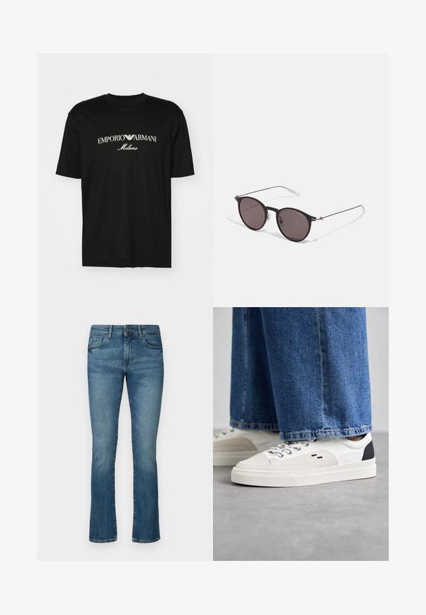 Musta puuvillapaita, jossa on pyöreä kaula-aukko, lyhyet hihat ja valkoinen "EMPORIO ARMANI" -logo, jonka yläpuolella on kaarevassa muodossa "Milano".; Tummansiniset farkut suoranlahkeisella suunnittelulla, joissa on hieno haalistus, viisi taskua ja napitus vyötäröllä.; Valkoiset ja mustat tennarit, joissa on sileä nahkapäällinen, tekstuuriakcentit ja paksu valkoinen pohja. Varustettu klassisella nauhakiinnityksellä.; Musta pyöreä aurinkolasit tummilla linsseillä ja kapeilla metallikehyksillä. Sisältää kirkkaat temppelet ja hopeiset yksityiskohdat saranassa. Minimalistinen muotoilu.