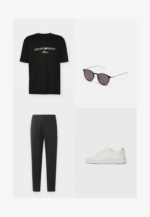 Black cotton T-shirt featuring a round neckline, short sleeves, and "EMPORIO ARMANI" logo in white above "Milano" in a curved design.; Black jogger pants made of soft fabric, featuring an elastic waistband, straight legs, and a single small logo detail on the side.; White leather sneaker with a smooth finish, round toe, flat laces, and a textured sole. Features a subtle logo on the heel.; Black round sunglasses with dark lenses and slim metal arms. Includes clear temple tips and silver accents at the hinge. Minimalist design.