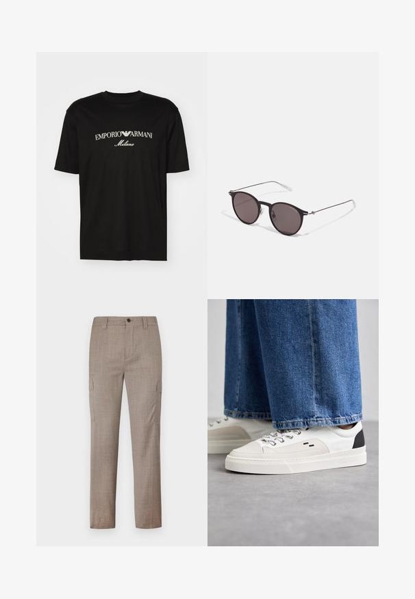 T-shirt de algodão preta com gola redonda, mangas curtas e o logo "EMPORIO ARMANI" em branco acima de "Milano" num design curvo.; Calças cargo castanhas claras com um tecido texturizado, apresentando bolsos laterais e um design de perna reta. Fechadas com um botão frontal e um zip.; Sapatilhas brancas e pretas com um upper de couro suave, detalhes texturizados e uma sola branca grossa. Apresenta um design clássico de atacadores.; Óculos de sol redondos pretos com lentes escuras e hastes metálicas finas. Inclui pontas de templo transparentes e detalhes em prata na dobradiça. Design minimalista.
