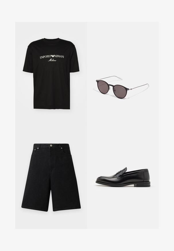 Czarny bawełniany T-shirt z okrągłym dekoltem, krótkimi rękawami oraz białym logo "EMPORIO ARMANI" nad napisem "Milano" w zakrzywionym kształcie.; Czarne szorty dżinsowe z bawełny o luźnym kroju, z wysokim stanem, pięcioma kieszeniami i srebrnym metalowym guzikiem z przodu.; Czarne skórzane mokasyny o gładkiej fakturze, zaokrąglonym nosku i dekoracyjnym pasku na przodzie. Niski, warstwowy obcas, minimalistyczny design.; Czarne okrągłe okulary przeciwsłoneczne z ciemnymi soczewkami i smukłymi metalowymi ramkami. Zawierają przezroczyste końcówki zauszników oraz srebrne akcenty przy zawiasie. Minimalistyczny design.