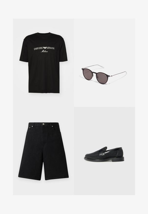 Svart bomulls T-skjorte med rund hals, korte ermer og "EMPORIO ARMANI" logo i hvitt over "Milano" i en buet design.; Svarte bomullsdenimshorts med løs passform, høy midje, fem lommers design, og sølvfarget metallknappdetalj foran.; Sorte vevde slip-on sko med en glatt lærdetalj på overdelen, design med rund tå og en lavprofil gummisåle.; Sorte, runde solbriller med mørke linser og slanke metalarmer. Inkluderer klare temple tips og sølvfargede detaljer ved hengslet. Minimalistisk design.