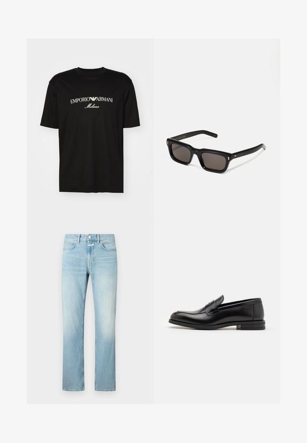 Black cotton T-shirt featuring a round neckline, short sleeves, and "EMPORIO ARMANI" logo in white above "Milano" in a curved design.; Light blue denim jeans with a straight-leg cut, featuring a classic five-pocket design and a button-fly closure.; Black leather loafers with a smooth texture, rounded toe, and a decorative strap across the vamp. Low stacked heel, minimalist design.; Black rectangular sunglasses with dark lenses, thick plastic frame, gold accents on temples, and brand logo engraved on the arm.