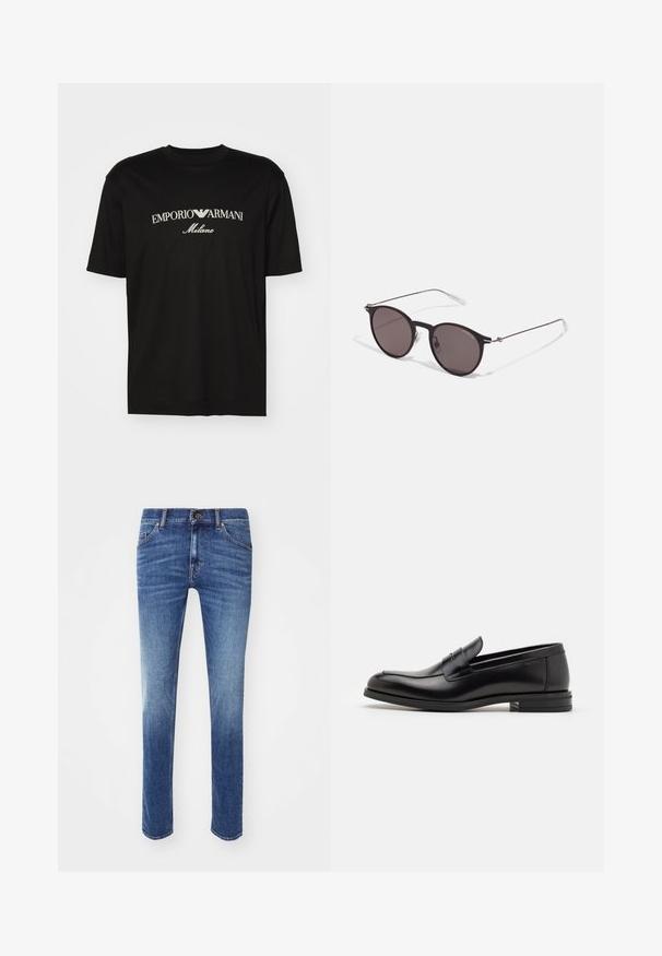 T-shirt de algodão preta com gola redonda, mangas curtas e o logo "EMPORIO ARMANI" em branco acima de "Milano" num design curvo.; Jeans de ganga azuis com um corte slim, apresentando um lavagem média e um desbotamento subtil. Design padrão de cinco bolsos e fecho de botão metálico.; Mocassins de couro preto com uma textura suave, bico arredondado e uma faixa decorativa sobre o peito do pé. Salto baixo e empilhado, design minimalista.; Óculos de sol redondos pretos com lentes escuras e hastes metálicas finas. Inclui pontas de templo transparentes e detalhes em prata na dobradiça. Design minimalista.