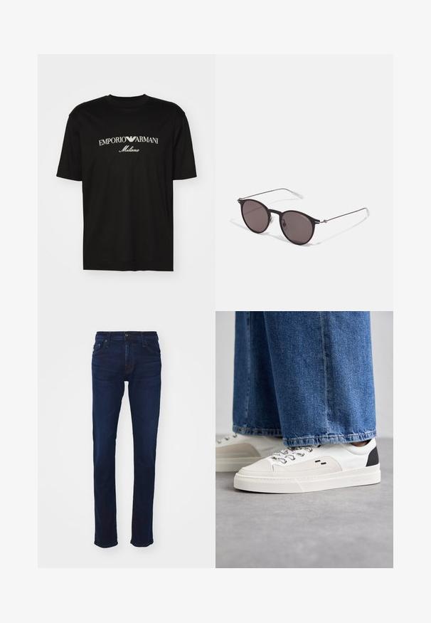 T-shirt en coton noir avec un col rond, des manches courtes et le logo "EMPORIO ARMANI" en blanc au-dessus de "Milano" dans un design incurvé.; Jeans en denim bleu foncé avec une coupe droite, présentant un design classique à cinq poches et des détails de couture subtils sur les poches.; Baskets blanches et noires avec une tige en cuir lisse, des accents texturés et une semelle épaisse blanche. Présentent un design classique à lacets.; Lunettes de soleil noires rondes avec verres sombres et branches en métal fines. Comprend des embouts transparents et des accents argentés au niveau de la charnière. Design minimaliste.