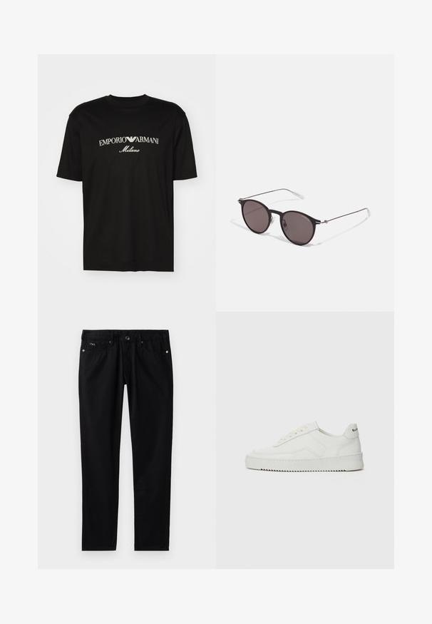 Černé bavlněné tričko s kulatým výstřihem, krátkými rukávy a logem "EMPORIO ARMANI" v bílém nad nápisem "Milano" v zakřiveném provedení.; Černé bavlněné kalhoty s úzkým střihem, předními kapsami, zacvakáváním na knoflík a decentním logem na pásku.; Bílé kožené tenisky s hladkým povrchem, kulatou špičkou, plochými tkaničkami a texturovanou podrážkou. Na patě se nachází nenápadné logo.; Černé kulaté sluneční brýle s tmavými skly a tenkými kovovými nohami. Obsahují průhledné koncovky nožiček a stříbrné akcenty na pantu. Minimalistický design.