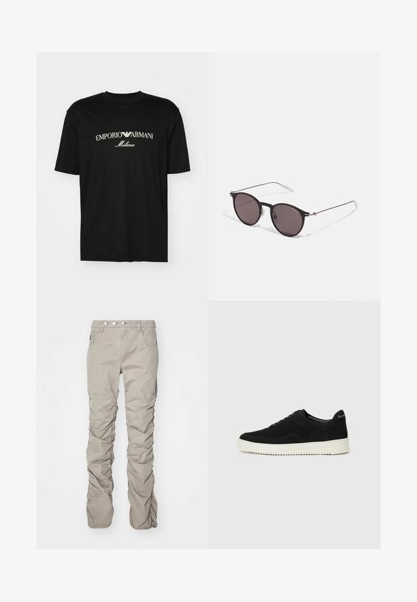 Sort bomulds T-shirt med rund halsudskæring, korte ærmer og "EMPORIO ARMANI" logo i hvid over "Milano" i et buet design.; Beige, teksturerede bukser i stof med en rynket design, der har gylp med knap, fem lommer og en lige ben skæring.; Sort ruskinds sneaker med snørebånd og kontrasterende hvid gummisål. Har teksturerede sidepaneler og diskret branding på hælen.; Sorte runde solbriller med mørke linser og slanke metalarme. Inkluderer klare tempeltips og sølvdetaljer ved hængslet. Minimalistisk design.