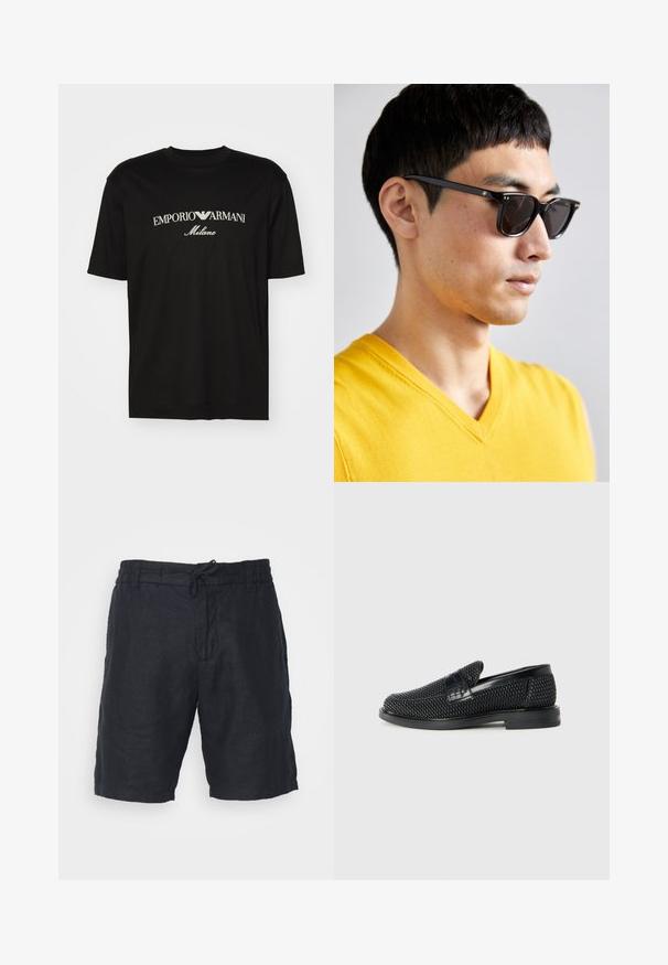 T-shirt en coton noir avec un col rond, des manches courtes et le logo "EMPORIO ARMANI" en blanc au-dessus de "Milano" dans un design incurvé.; NN.07 SEB - Short - black; Chaussure slip-on tissée noire avec un accent en cuir lisse sur le dessus, un design à bout rond et une semelle en caoutchouc à profil bas.; Lunettes de soleil avec des montures noires et des verres foncés. Les détails notables incluent de petites accents dorés sur les charnières et une forme rectangulaire.