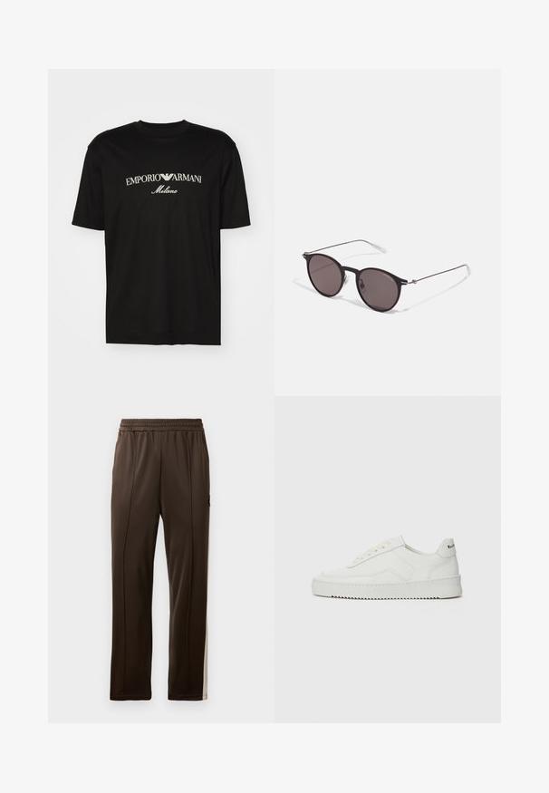 Černé bavlněné tričko s kulatým výstřihem, krátkými rukávy a logem "EMPORIO ARMANI" v bílém nad nápisem "Milano" v zakřiveném provedení.; Hnědé sportovní kalhoty s elastickým pasem, bočními pruhy v světlejší barvě a kapsou s malým logem. Hladká textura.; Bílé kožené tenisky s hladkým povrchem, kulatou špičkou, plochými tkaničkami a texturovanou podrážkou. Na patě se nachází nenápadné logo.; Černé kulaté sluneční brýle s tmavými skly a tenkými kovovými nohami. Obsahují průhledné koncovky nožiček a stříbrné akcenty na pantu. Minimalistický design.