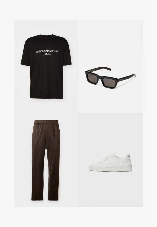 T-shirt de algodão preta com gola redonda, mangas curtas e o logo "EMPORIO ARMANI" em branco acima de "Milano" num design curvo.; Calças de desporto castanhas com um cós elástico, riscas laterais de um tom mais claro e um bolso com um pequeno detalhe de logotipo. Textura suave.; Sapatilha de couro branco com acabamento suave, bico redondo, atacadores planos e uma sola texturizada. Apresenta um logotipo discreto no calcanhar.; Óculos de sol retangulares pretos com lentes escuras, armação de plástico espesso, detalhes em dourado nas hastes e logotipo da marca gravado na lateral.
