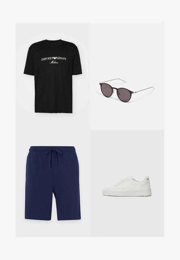T-shirt in cotone nero con scollatura rotonda, maniche corte e logo "EMPORIO ARMANI" in bianco sopra "Milano" in una disposizione curva.; Shorts blu navy realizzati in morbido cotone misto, con vita elasticizzata e cordoncino, dotati di tasche laterali.; Sneaker in pelle bianca con una finitura liscia, punta rotonda, lacci piatti e suola testurizzata. Presenta un logo discreto sul tallone.; Occhiali da sole neri rotondi con lenti scure e sottili bracci in metallo. Include punte trasparenti e accenti argentati alla cerniera. Design minimalista.