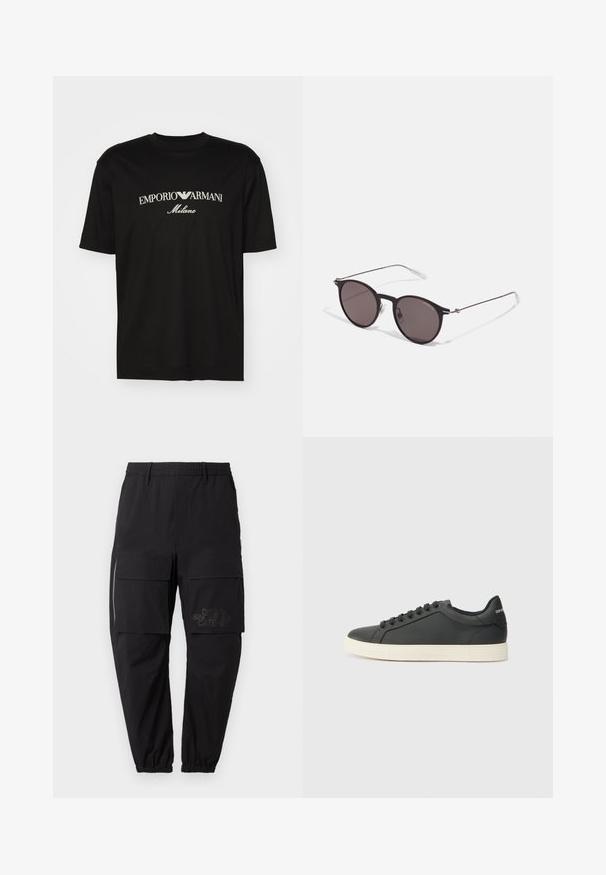 Fekete pamut póló, kerek nyakkal, rövid ujjakkal, rajta fehér "EMPORIO ARMANI" logó, a "Milano" felirattal ívelt formában.; Fekete cargo nadrág, rugalmas derékkal, több oldalsó zsebbel, cipzár részlettel és diszkrét nyomott logóval a combon.; Fekete bőr sportcipő alacsony profilú, lekerekített orral és fűzős záródással; texturált gumitalppal és logó részlettel a saroknál.; Fekete kerek napszemüveg sötét lencsékkel és karcsú fém szárakkal. Átlátszó szárvégeket és ezüst részleteket tartalmaz az ívnél. Minimalista dizájn.