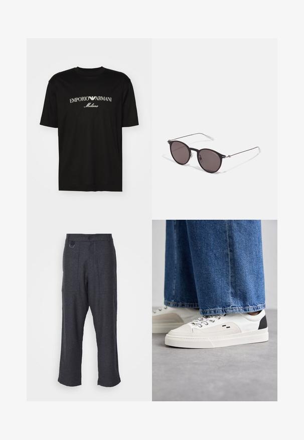 Black cotton T-shirt featuring a round neckline, short sleeves, and "EMPORIO ARMANI" logo in white above "Milano" in a curved design.; Gray wool trousers with a relaxed fit, featuring two front pockets, a button closure, and a metal ring accent on the waistband.; White and black sneakers with a smooth leather upper, textured accents, and a chunky white sole. Features a classic lace-up design.; Black round sunglasses with dark lenses and slim metal arms. Includes clear temple tips and silver accents at the hinge. Minimalist design.
