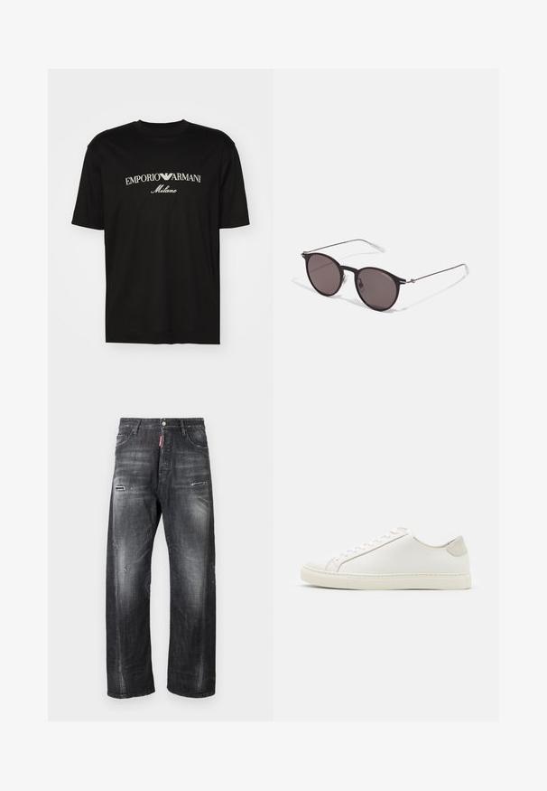 T-shirt en coton noir avec un col rond, des manches courtes et le logo "EMPORIO ARMANI" en blanc au-dessus de "Milano" dans un design incurvé.; Jean en denim gris foncé à coupe ample, avec des déchirures au niveau des genoux, une fermeture boutonnée et une étiquette logo rouge près de la ceinture.; Baskets en cuir blanc avec une surface lisse, bout rond et design minimaliste. Présentent des accents beiges sur le talon et une semelle en caoutchouc.; Lunettes de soleil noires rondes avec verres sombres et branches en métal fines. Comprend des embouts transparents et des accents argentés au niveau de la charnière. Design minimaliste.