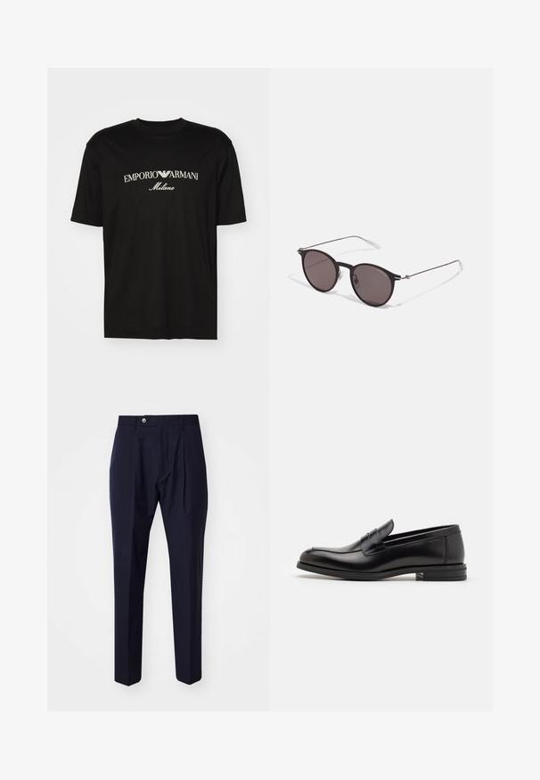 Schwarzes Baumwoll-T-Shirt mit Rundhalsausschnitt, kurzen Ärmeln und dem "EMPORIO ARMANI"-Logo in Weiß über dem geschwungenen Schriftzug "Milano".; Paul Smith TROUSER - Stoffhose - grey; Schwarze Lederloafers mit glatter Textur, rundem Zehenbereich und einem dekorativen Riemen über dem Vorderfuß. Niedriger, gestapelter Absatz, minimalistisches Design.; Schwarze runde Sonnenbrille mit dunklen Gläsern und schlanken Metallbügeln. Enthält klare Tempelspitzen und silberne Akzente am Scharnier. Minimalistisches Design.