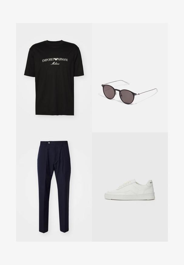 T-shirt en coton noir avec un col rond, des manches courtes et le logo "EMPORIO ARMANI" en blanc au-dessus de "Milano" dans un design incurvé.; Paul Smith TROUSER - Pantalon classique - grey; Baskets en cuir blanc avec une finition lisse, bout arrondi, lacets plats et semelle texturée. Présente un logo discret sur le talon.; Lunettes de soleil noires rondes avec verres sombres et branches en métal fines. Comprend des embouts transparents et des accents argentés au niveau de la charnière. Design minimaliste.