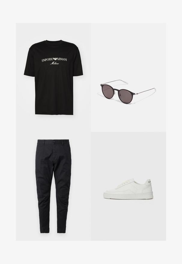 Svart bomull T-shirt med rund halsringning, korta ärmar och "EMPORIO ARMANI" logotyp i vitt ovanför "Milano" i en rundad design.; Svarta bomullsshorts med slim fit, med knappstängning och framfickor. Slät textur och tapered bendesign.; Vita lädersneakers med en jämn yta, rund tå, platta snörningar och en strukturerad sula. Har en diskret logotyp på hälen.; Svarta runda solglasögon med mörka linser och smala metallarmar. Inkluderar klara tempeltips och silverdetaljer vid gångjärnet. Minimalistisk design.