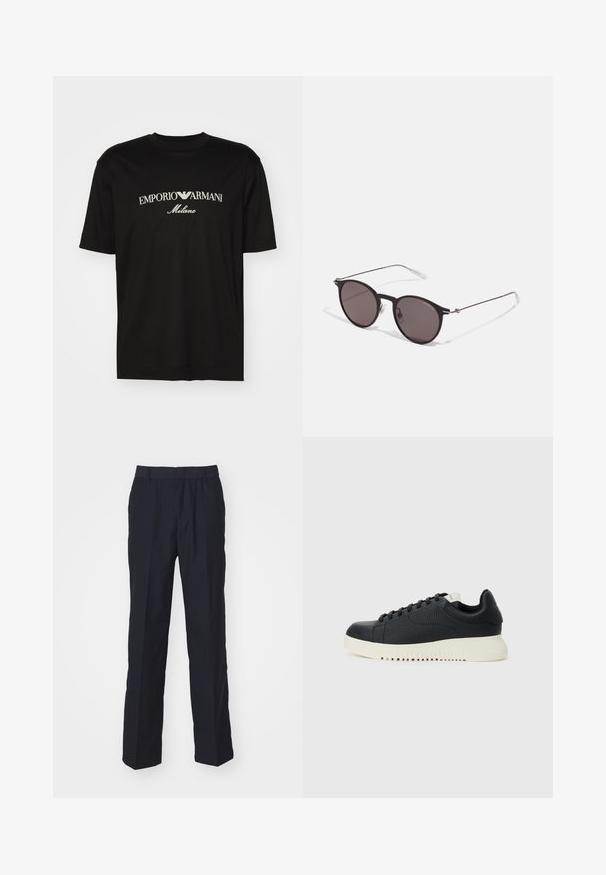 Camiseta de algodón negra con cuello redondo, mangas cortas y el logo de "EMPORIO ARMANI" en blanco sobre "Milano" en un diseño curvado.; Pantalones azul marino de tela ligera, con un diseño de pierna recta, cinturilla elástica y sin bolsillos ni patrones visibles.; Zapatillas negras texturizadas con puntas redondeadas, seis agujeros para los cordones y suelas de goma blanca con ranuras horizontales. Diseño minimalista, sin logotipos visibles.; Gafas de sol redondas negras con lentes oscuros y brazos metálicos delgados. Incluye puntas de varilla transparentes y acentos plateados en la bisagra. Diseño minimalista.