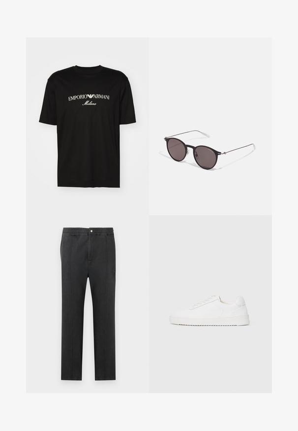 Sort bomulds T-shirt med rund halsudskæring, korte ærmer og "EMPORIO ARMANI" logo i hvid over "Milano" i et buet design.; Sorte bukser med elastisk talje, fladt frontstykke, to sidelommer og dekorative syninger. Ingen synlige mønstre eller hardware-detaljer.; Hvid sneaker med en glat læderoverdel, rund tå, snørebånd, teksturerede sideaccenter og en tyk gummisål. Minimalistisk design.; Sorte runde solbriller med mørke linser og slanke metalarme. Inkluderer klare tempeltips og sølvdetaljer ved hængslet. Minimalistisk design.