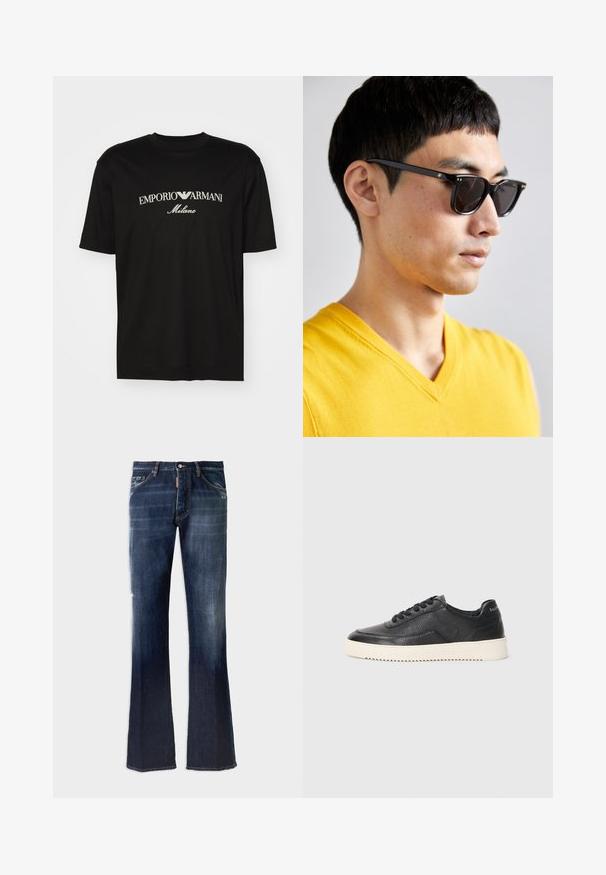 T-shirt in cotone nero con scollatura rotonda, maniche corte e logo "EMPORIO ARMANI" in bianco sopra "Milano" in una disposizione curva.; Jeans svasati in denim blu scuro con una finitura sbiadita, design a cinque tasche e cuciture visibili. Presenta un'etichetta con il marchio sul retro.; Sneaker in pelle nera con finitura texturizzata, punta rotonda e suola piatta in gomma bianca. Presenta lacci neri e un logo sul tallone.; Occhiali da sole con montatura nera e lenti scure. Dettagli notevoli includono piccoli accenti dorati sulle cerniere e una forma rettangolare.