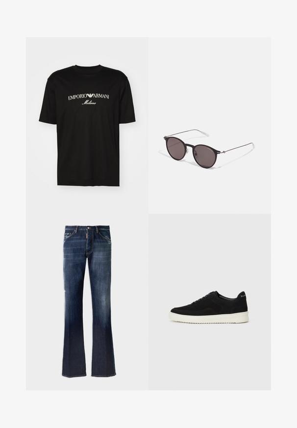 T-shirt in cotone nero con scollatura rotonda, maniche corte e logo "EMPORIO ARMANI" in bianco sopra "Milano" in una disposizione curva.; Jeans svasati in denim blu scuro con una finitura sbiadita, design a cinque tasche e cuciture visibili. Presenta un'etichetta con il marchio sul retro.; Sneaker in suede nero con design con lacci e suola in gomma bianca a contrasto. Presenta pannelli laterali testurizzati e un marchio discreto sul tallone.; Occhiali da sole neri rotondi con lenti scure e sottili bracci in metallo. Include punte trasparenti e accenti argentati alla cerniera. Design minimalista.