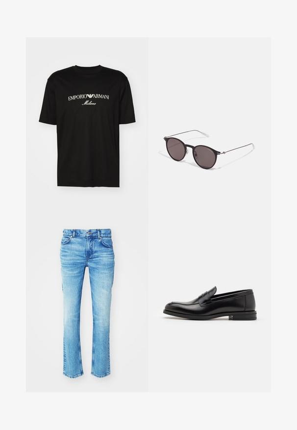 T-shirt de algodão preta com gola redonda, mangas curtas e o logo "EMPORIO ARMANI" em branco acima de "Milano" num design curvo.; Jeans de ganga azul com um efeito de desgaste, design de perna reta e bainha crua. Apresenta um estilo de cinco bolsos e detalhes em botão metálico.; Mocassins de couro preto com uma textura suave, bico arredondado e uma faixa decorativa sobre o peito do pé. Salto baixo e empilhado, design minimalista.; Óculos de sol redondos pretos com lentes escuras e hastes metálicas finas. Inclui pontas de templo transparentes e detalhes em prata na dobradiça. Design minimalista.