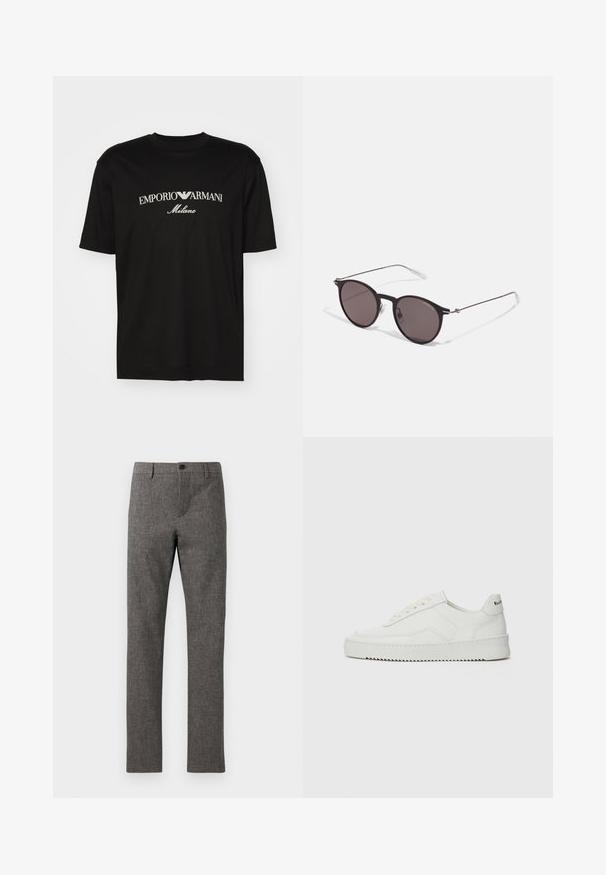 T-shirt de algodão preta com gola redonda, mangas curtas e o logo "EMPORIO ARMANI" em branco acima de "Milano" num design curvo.; Calças cinzas de fato em um tecido texturizado e tecido. Corte ajustado com frente plana, fecho de correr e botão único. Não há bolsos adicionais visíveis.; Sapatilha de couro branco com acabamento suave, bico redondo, atacadores planos e uma sola texturizada. Apresenta um logotipo discreto no calcanhar.; Óculos de sol redondos pretos com lentes escuras e hastes metálicas finas. Inclui pontas de templo transparentes e detalhes em prata na dobradiça. Design minimalista.