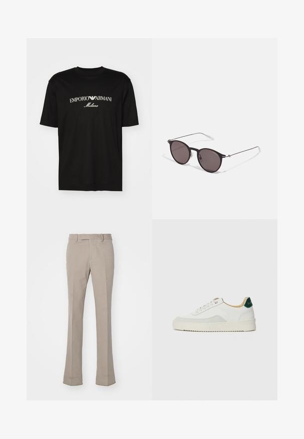 Svart bomull T-shirt med rund halsringning, korta ärmar och "EMPORIO ARMANI" logotyp i vitt ovanför "Milano" i en rundad design.; Ljusbeige byxor med rak benform, tillverkade av ett slätt tyg. Har midjeband med bältesöglor och rena, skräddarsydda sömmar.; Vit sneaker med mockadetaljer, rund tå, platta snören och en krämfärgad gummisula. Har grön branding på hälen.; Svarta runda solglasögon med mörka linser och smala metallarmar. Inkluderar klara tempeltips och silverdetaljer vid gångjärnet. Minimalistisk design.