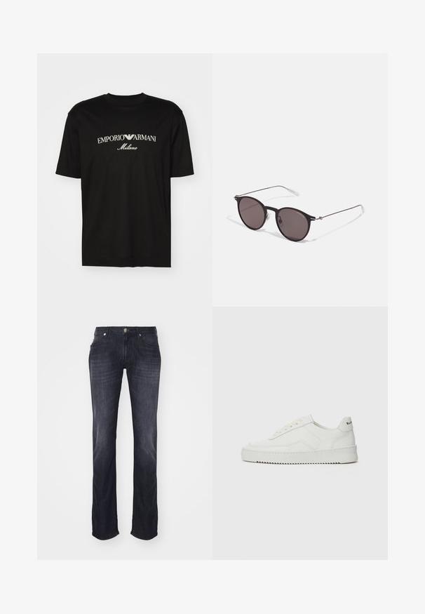 T-shirt de algodão preta com gola redonda, mangas curtas e o logo "EMPORIO ARMANI" em branco acima de "Milano" num design curvo.; Emporio Armani Calças de ganga justas - denim nero; Sapatilha de couro branco com acabamento suave, bico redondo, atacadores planos e uma sola texturizada. Apresenta um logotipo discreto no calcanhar.; Óculos de sol redondos pretos com lentes escuras e hastes metálicas finas. Inclui pontas de templo transparentes e detalhes em prata na dobradiça. Design minimalista.