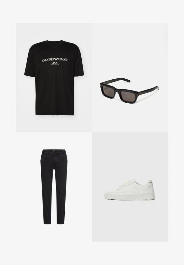 Schwarzes Baumwoll-T-Shirt mit Rundhalsausschnitt, kurzen Ärmeln und dem "EMPORIO ARMANI"-Logo in Weiß über dem geschwungenen Schriftzug "Milano".; Schwarze Jeans aus Denim mit schlankem Schnitt, ausgestattet mit Fronttaschen, einem Reißverschluss und einer glatten Textur. Klassisches Fünf-Taschen-Design, vielseitig für die Freizeit.; Weiße Ledersneaker mit glatter Oberfläche, runder Zehenpartie, flachen Schnürsenkeln und strukturiertem Sohlenprofil. Mit einem dezenten Logo an der Ferse.; Schwarze rechteckige Sonnenbrille mit dunklen Gläsern, dickem Kunststoffrahmen, goldenen Akzenten an den Bügeln und eingraviertem Markenlogo am Arm.