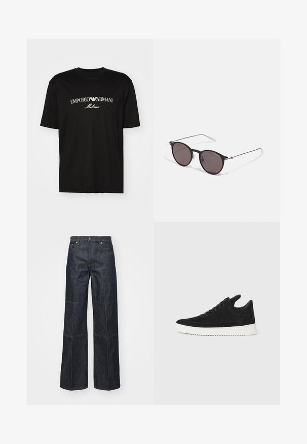Sort bomulds T-shirt med rund halsudskæring, korte ærmer og "EMPORIO ARMANI" logo i hvid over "Milano" i et buet design.; Helmut Lang CARPENTER - Jeans Relaxed Fit - raw indigo; Sort ruskinds sneaker med en hvid gummisål, der har tonalt syet detalje og snørredesign. Glat tekstur med en moderne, strømlinet form.; Sorte runde solbriller med mørke linser og slanke metalarme. Inkluderer klare tempeltips og sølvdetaljer ved hængslet. Minimalistisk design.