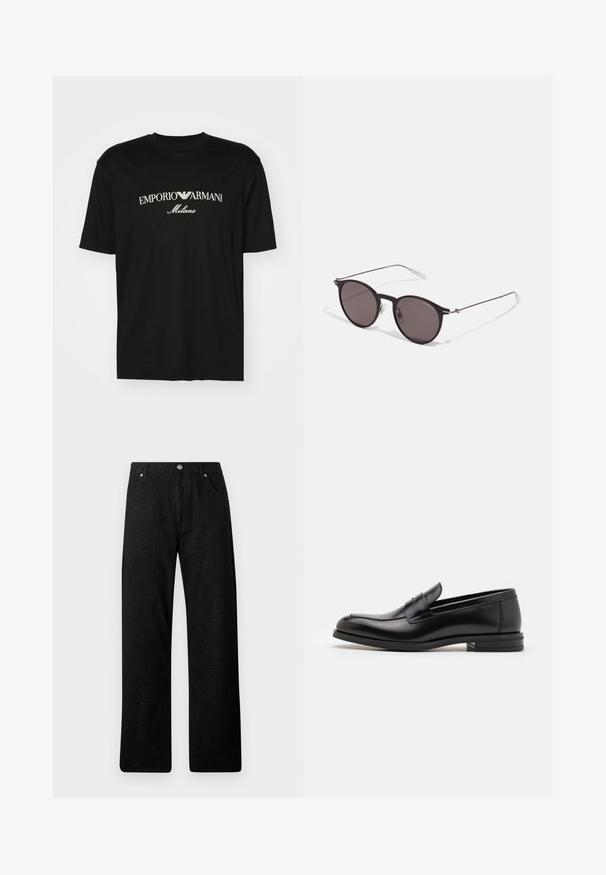 Schwarzes Baumwoll-T-Shirt mit Rundhalsausschnitt, kurzen Ärmeln und dem "EMPORIO ARMANI"-Logo in Weiß über dem geschwungenen Schriftzug "Milano".; Schwarze Hose mit einem strukturierten Schlangenledermuster, gerader Schnitt, zwei Vorderaschen und Metallknopfverschluss.; Schwarze Lederloafers mit glatter Textur, rundem Zehenbereich und einem dekorativen Riemen über dem Vorderfuß. Niedriger, gestapelter Absatz, minimalistisches Design.; Schwarze runde Sonnenbrille mit dunklen Gläsern und schlanken Metallbügeln. Enthält klare Tempelspitzen und silberne Akzente am Scharnier. Minimalistisches Design.