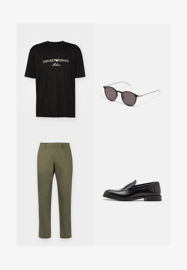 Black cotton T-shirt featuring a round neckline, short sleeves, and "EMPORIO ARMANI" logo in white above "Milano" in a curved design.; Olive green straight-leg trousers with belt loops and a concealed front fastening against a white background.; Black leather loafers with a smooth texture, rounded toe, and a decorative strap across the vamp. Low stacked heel, minimalist design.; Black round sunglasses with dark lenses and slim metal arms. Includes clear temple tips and silver accents at the hinge. Minimalist design.