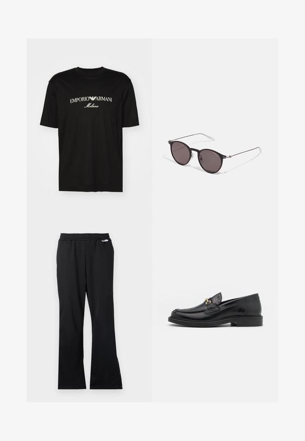 Melnā kokvilnas T-kreklu ar apaļu kakla izgriezumu, īsām piedurknēm un balto "EMPORIO ARMANI" logotipu virs vārda "Milano" izliektā dizainā.; Melni sporta bikses ar teksturētu audumu, elastīgu jostasvietu un pogām pie potītes, lai pielāgotu izmēru. Līdzena priekšpuse un taisnas kājas.; Melnas ādas loafers ar noapaļotu degunu, ar zelta aparatūras akcentu un šuvju detaļām, uz zemas, teksturētas gumijas zoles.; Melni apaļi saulesbrilles ar tumšiem lēca un plānām metāla stangām. Iekļautas caurspīdīgas tempļu galviņas un sudraba akcenti pie eņģes. Minimalistisks dizains.