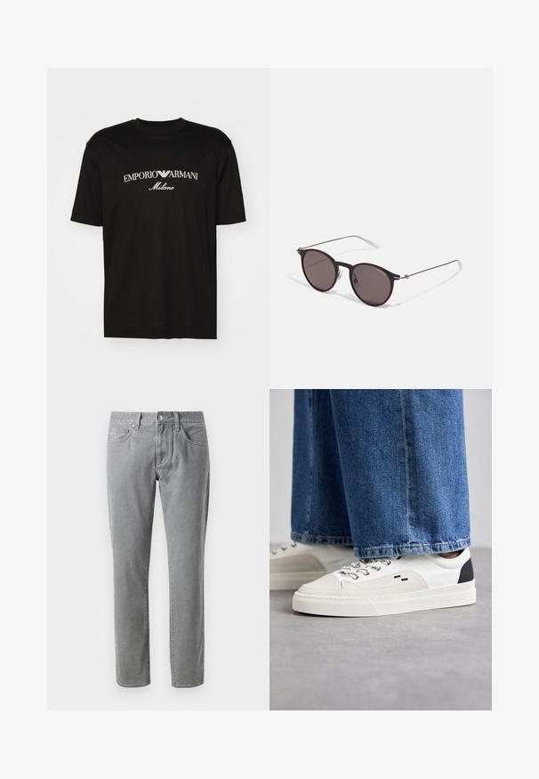 Juodas medvilninis marškinėliai su apvaliu iškirpu, trumpomis rankovėmis ir baltu "EMPORIO ARMANI" logotipu virš "Milano" kreivame dizaino.; Pilki džinsai su tiesiu kirpimu, turintys penkias kišenes, priekiniu mygtukų uždARYMU ir šviesiu kontrastiniu siuvinėjimu.; Balti ir balti sportbačiai su lygaus odos paviršiumi, tekstūruotais akcentais ir masyviu baltu padu. Turi klasiką primenančią raištelių užsegimo sistemą.; Juodos apvalios saulės akinių su tamsiais lęšiais ir plonomis metalinėmis šakomis. Įtraukti skaidrūs šventyklų galai ir sidabriniai akcentai vyrio srityje. Minimalistinis dizainas.