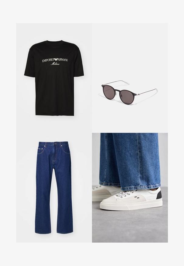 Černé bavlněné tričko s kulatým výstřihem, krátkými rukávy a logem "EMPORIO ARMANI" v bílém nad nápisem "Milano" v zakřiveném provedení.; Tmavě modré džíny z denimu se střihem rovného nohavice, pěti kapsami a jemnými detaily prošívání. Mají knoflíkový a zipový uzávěr.; Bílé a černé tenisky s hladkým koženým svrškem, texturovanými akcenty a robustní bílou podešví. Mají klasický design se šněrováním.; Černé kulaté sluneční brýle s tmavými skly a tenkými kovovými nohami. Obsahují průhledné koncovky nožiček a stříbrné akcenty na pantu. Minimalistický design.