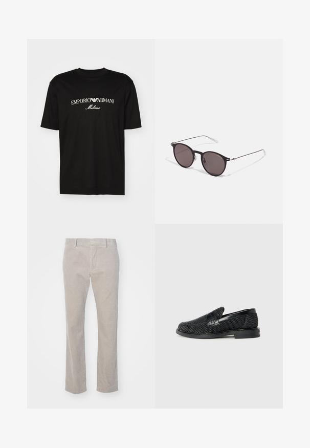 T-shirt en coton noir avec un col rond, des manches courtes et le logo "EMPORIO ARMANI" en blanc au-dessus de "Milano" dans un design incurvé.; Pantalon en velours côtelé beige avec texture côtelée verticale, coupe droite et taille standard. Poches avant et passants de ceinture inclus.; Chaussure slip-on tissée noire avec un accent en cuir lisse sur le dessus, un design à bout rond et une semelle en caoutchouc à profil bas.; Lunettes de soleil noires rondes avec verres sombres et branches en métal fines. Comprend des embouts transparents et des accents argentés au niveau de la charnière. Design minimaliste.