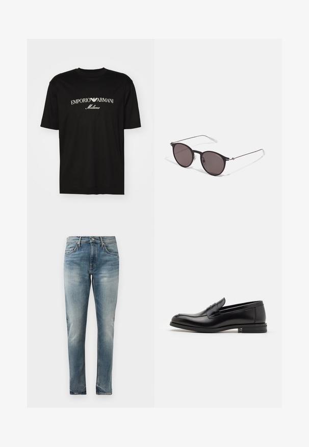 T-shirt de algodão preta com gola redonda, mangas curtas e o logo "EMPORIO ARMANI" em branco acima de "Milano" num design curvo.; Dema azul de corte slim com lavagem desbotada, estilo cinco bolsos, fecho de botão e desbotamento subtil nos quadris e joelhos.; Mocassins de couro preto com uma textura suave, bico arredondado e uma faixa decorativa sobre o peito do pé. Salto baixo e empilhado, design minimalista.; Óculos de sol redondos pretos com lentes escuras e hastes metálicas finas. Inclui pontas de templo transparentes e detalhes em prata na dobradiça. Design minimalista.
