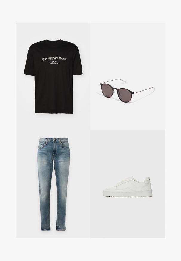 T-shirt de algodão preta com gola redonda, mangas curtas e o logo "EMPORIO ARMANI" em branco acima de "Milano" num design curvo.; Dema azul de corte slim com lavagem desbotada, estilo cinco bolsos, fecho de botão e desbotamento subtil nos quadris e joelhos.; Sapatilha de couro branco com acabamento suave, bico redondo, atacadores planos e uma sola texturizada. Apresenta um logotipo discreto no calcanhar.; Óculos de sol redondos pretos com lentes escuras e hastes metálicas finas. Inclui pontas de templo transparentes e detalhes em prata na dobradiça. Design minimalista.