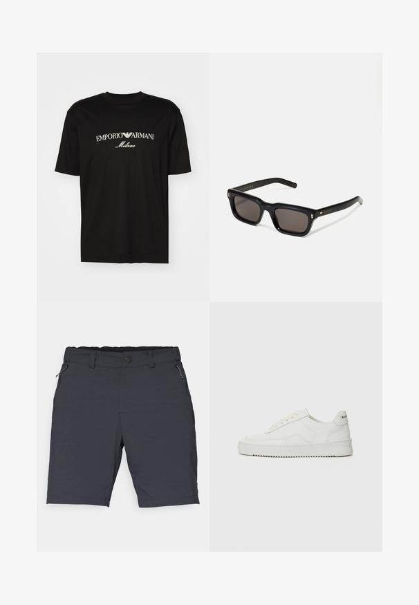 Μαύρη βαμβακερή μπλούζα T-shirt με στρογγυλή λαιμόκοψη, κοντά μανίκια και το λογότυπο "EMPORIO ARMANI" σε λευκό χρώμα πάνω από τη λέξη "Milano" σε κυρτή σχεδίαση.; Σκούρες γκρίζες βερμούδες από ελαφρύ ύφασμα με επίπεδη μέση, φερμουάρ στις τσέπες στο πλάι και ίσια γραμμή μέχρι το γόνατο.; Λευκό δερμάτινο sneakers με λείο φινίρισμα, στρογγυλή μύτη, επίπεδα κορδόνια και υφή στην σόλα. Φέρει μια διακριτική λογότυπο στη φτέρνα.; Μαύρα ορθογώνια γυαλιά ηλίου με σκούρους φακούς, χοντρό πλαστικό σκελετό, χρυσές λεπτομέρειες στους ναούς και λογότυπο μάρκας σκαλισμένο στο βραχίονα.