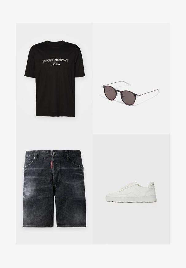 Fekete pamut póló, kerek nyakkal, rövid ujjakkal, rajta fehér "EMPORIO ARMANI" logó, a "Milano" felirattal ívelt formában.; Fekete farmer sort, megfakult mintázattal, öt zsebes stílusban és fém gombos záródással. A derékrészen látható márkacímke található.; Fehér bőr sportcipő sima felülettel, kerek orral, lapos fűzőkkel és texturált talppal. Finom logó található a sarokon.; Fekete kerek napszemüveg sötét lencsékkel és karcsú fém szárakkal. Átlátszó szárvégeket és ezüst részleteket tartalmaz az ívnél. Minimalista dizájn.