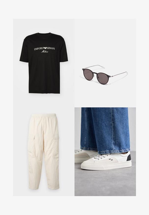 Čierne bavlnené tričko s okrúhlym výstrihom, krátkymi rukávmi a bielym logom "EMPORIO ARMANI" nad textom "Milano" v zakrivenej línii.; Béžové cargo nohavice s elastickým pásom, obsahujúce dve bočné vrecká a mäkký, ľahký materiál. Zvrásnená textúra.; Biele a čierne tenisky s hladkým koženým zvrškom, štruktúrovanými akcentmi a masívnou bielou podrážkou. Obsahujú klasický dizajn so šnurovaním.; Čierne okrúhle slnečné okuliare s tmavými sklami a tenkými kovovými ramenami. Obsahujú priehľadné konce rámov a strieborné akcenty na pántoch. Minimalistický dizajn.