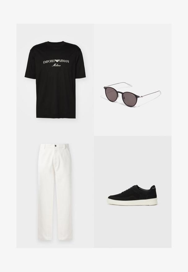 T-shirt de algodão preta com gola redonda, mangas curtas e o logo "EMPORIO ARMANI" em branco acima de "Milano" num design curvo.; Calças de algodão brancas com corte reto, bolsos frontais, fecho de botão metálico e detalhes de costura discretos ao longo das costuras.; Sapatilhas de camurça pretas com design de atacadores e sola de borracha branca em contraste. Apresenta painéis laterais texturizados e uma marcação discreta no calcanhar.; Óculos de sol redondos pretos com lentes escuras e hastes metálicas finas. Inclui pontas de templo transparentes e detalhes em prata na dobradiça. Design minimalista.
