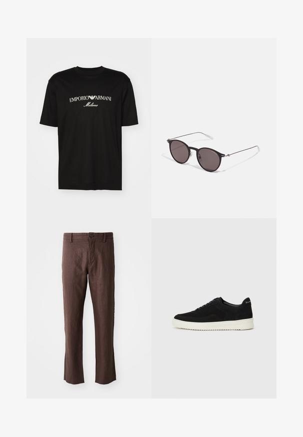 T-shirt de algodão preta com gola redonda, mangas curtas e o logo "EMPORIO ARMANI" em branco acima de "Milano" num design curvo.; Calças de linho castanhas com uma textura suave, apresentando um corte reto, bolsos frontais, passadores de cinto e um fecho de botão único na cintura.; Sapatilhas de camurça pretas com design de atacadores e sola de borracha branca em contraste. Apresenta painéis laterais texturizados e uma marcação discreta no calcanhar.; Óculos de sol redondos pretos com lentes escuras e hastes metálicas finas. Inclui pontas de templo transparentes e detalhes em prata na dobradiça. Design minimalista.