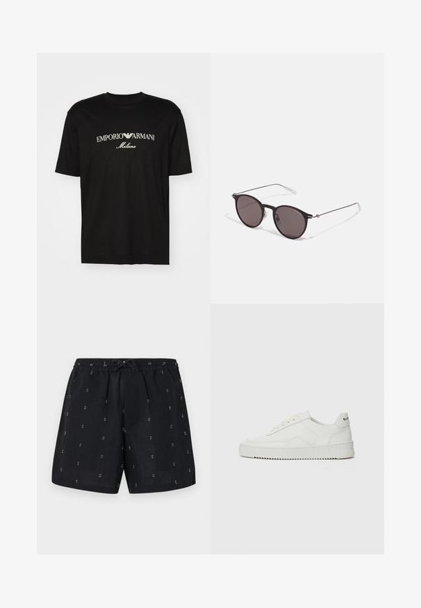 T-shirt in cotone nero con scollatura rotonda, maniche corte e logo "EMPORIO ARMANI" in bianco sopra "Milano" in una disposizione curva.; Pantaloni corti neri in lino con vita elasticizzata e coulisse. Presentano piccoli motivi geometrici bianchi su tutta la stoffa.; Sneaker in pelle bianca con una finitura liscia, punta rotonda, lacci piatti e suola testurizzata. Presenta un logo discreto sul tallone.; Occhiali da sole neri rotondi con lenti scure e sottili bracci in metallo. Include punte trasparenti e accenti argentati alla cerniera. Design minimalista.