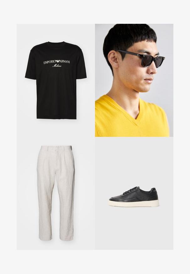 Black cotton T-shirt featuring a round neckline, short sleeves, and "EMPORIO ARMANI" logo in white above "Milano" in a curved design.; NN.07 BILL - Trousers - beige; Black leather sneaker with textured finish, round toe, and flat white rubber sole. Features black laces and branding on the heel.; Sunglasses with black frames and dark lenses. Notable details include small gold accents on the hinges and a rectangular shape.