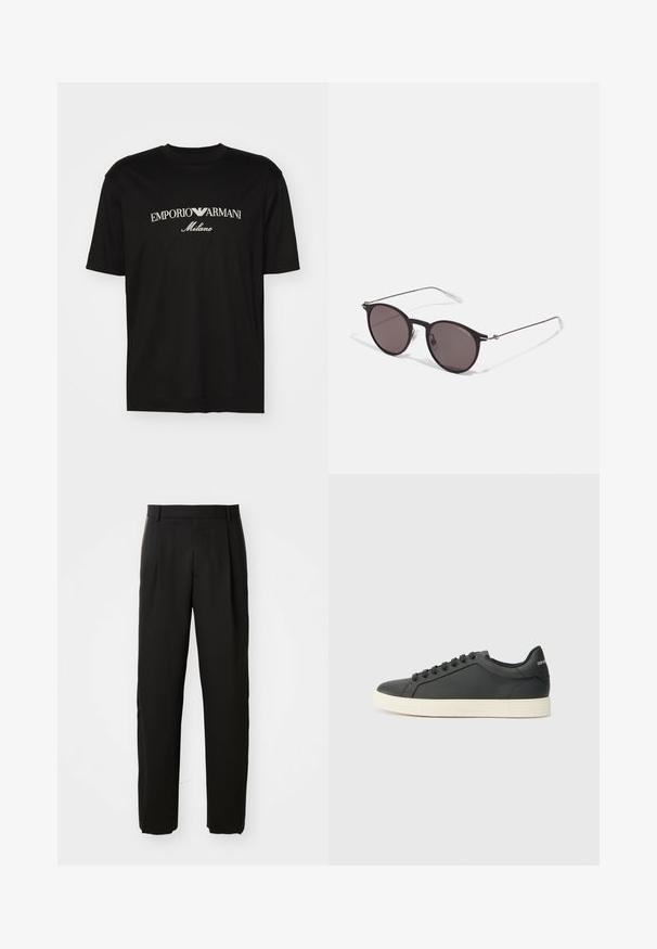 Camiseta de algodón negra con cuello redondo, mangas cortas y el logo de "EMPORIO ARMANI" en blanco sobre "Milano" en un diseño curvado.; Pantalones negros ajustados con un diseño de corte recto, que presentan un frente plano y una textura de tejido suave.; Zapatilla negra de cuero con perfil bajo, punta redondeada y cierre de cordones; cuenta con una suela de goma texturizada y detalle del logo en el talón.; Gafas de sol redondas negras con lentes oscuros y brazos metálicos delgados. Incluye puntas de varilla transparentes y acentos plateados en la bisagra. Diseño minimalista.