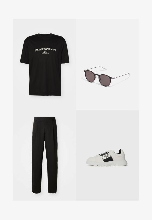 Svart bomull T-shirt med rund halsringning, korta ärmar och "EMPORIO ARMANI" logotyp i vitt ovanför "Milano" i en rundad design.; Svarta skräddarsydda byxor med rak passform, med flat fram och en mjuk, vävd textur.; Vit sneaker med svart logotyp och detaljer, slät läderövre, rund tå, strukturerad sula och kontrasterande svart häl detaljer.; Svarta runda solglasögon med mörka linser och smala metallarmar. Inkluderar klara tempeltips och silverdetaljer vid gångjärnet. Minimalistisk design.