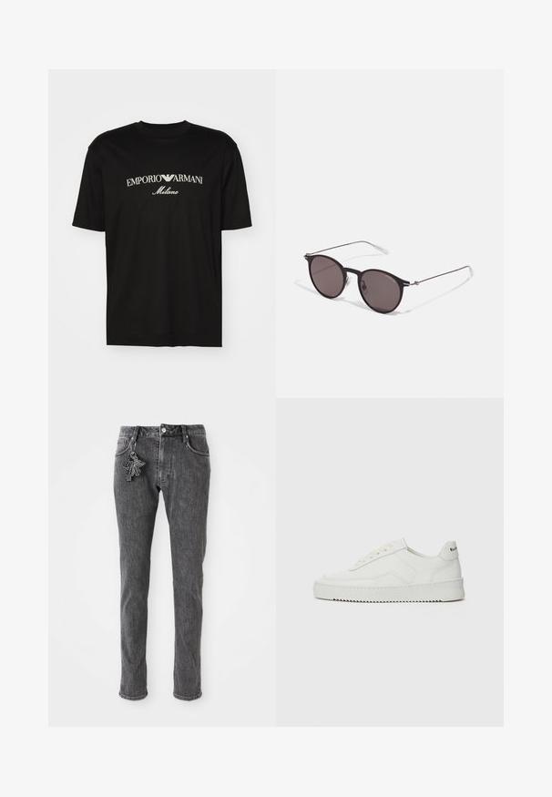 T-shirt de algodão preta com gola redonda, mangas curtas e o logo "EMPORIO ARMANI" em branco acima de "Milano" num design curvo.; Calças de ganga pretas com um corte slim, apresentando um fecho frontal com botão, cinco bolsos e um pequeno detalhe de ginjenta na pocket esquerda.; Sapatilha de couro branco com acabamento suave, bico redondo, atacadores planos e uma sola texturizada. Apresenta um logotipo discreto no calcanhar.; Óculos de sol redondos pretos com lentes escuras e hastes metálicas finas. Inclui pontas de templo transparentes e detalhes em prata na dobradiça. Design minimalista.