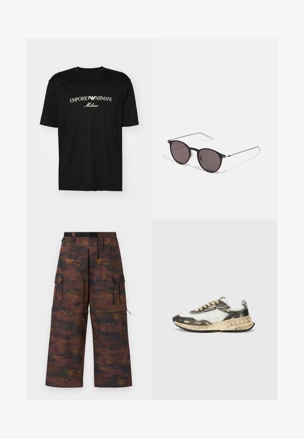 Musta puuvillapaita, jossa on pyöreä kaula-aukko, lyhyet hihat ja valkoinen "EMPORIO ARMANI" -logo, jonka yläpuolella on kaarevassa muodossa "Milano".; Cargo-housut ruskeasta, teksturoidusta kankaasta, jossa on haalistunut, abstrakti kuosi. Omistaa leveät lahkeet, joustovyön ja useita taskuja.; Urheilukengät, joissa on valkoinen verkko- ja harmaa nahkaosa, beige nauhat, musta kumipohja sekä kerrosmuotoilu, jossa on teksturoituja yksityiskohtia.; Musta pyöreä aurinkolasit tummilla linsseillä ja kapeilla metallikehyksillä. Sisältää kirkkaat temppelet ja hopeiset yksityiskohdat saranassa. Minimalistinen muotoilu.